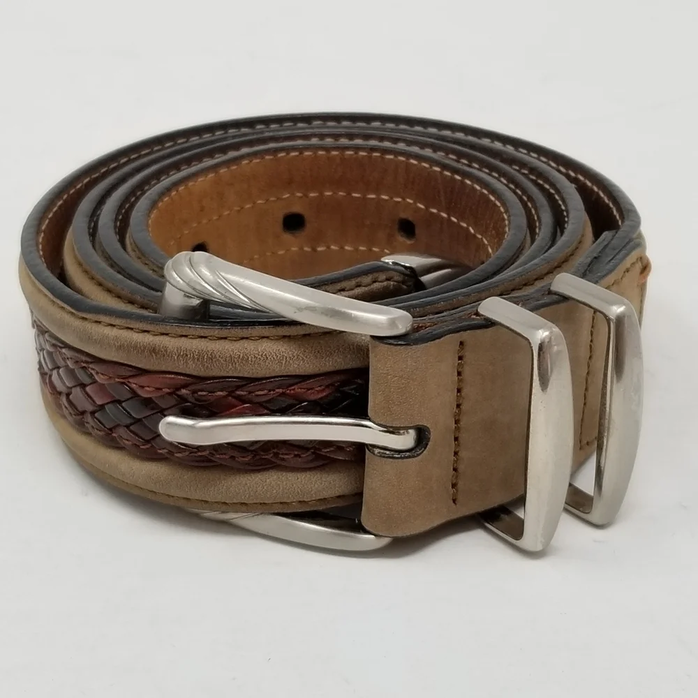 Tommy Bahama Braided Leather Belt Men's Size 36 Brown Tan Western Silver Tone